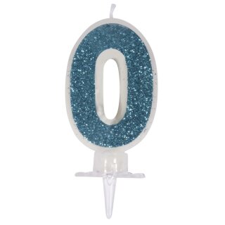 Zahlenkerze 0 mit Glitter und Halter, 10cm, SB-Blister 1Set, blau