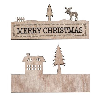 Holzdeko m. Schrift MERRY CHRISTMAS, 11x6,7cm, 2-tlg., SB-Btl 1Stück